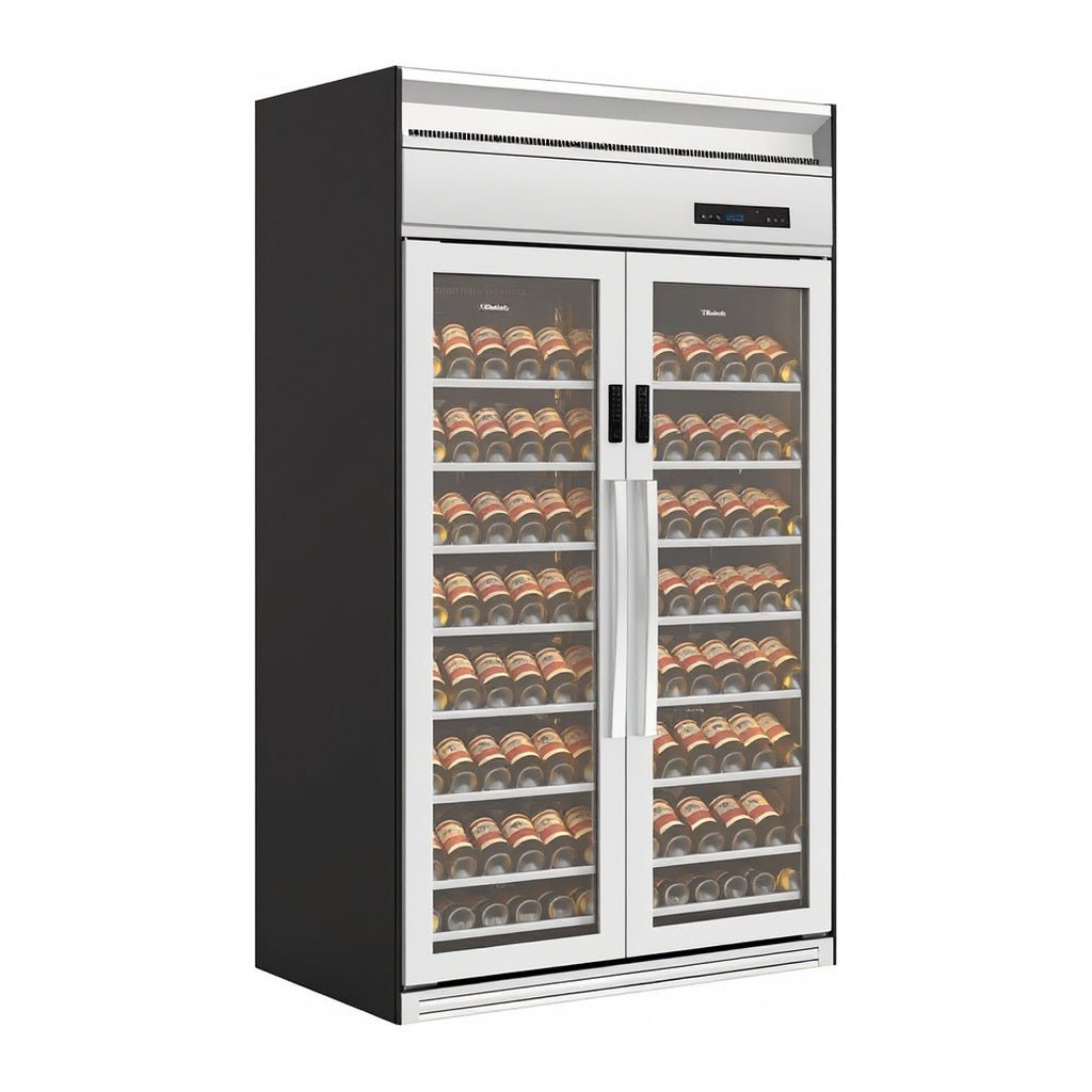 Prestige 176 wine cellar — 176 bottles — three-quarter view showing the cabinet depth and side panel