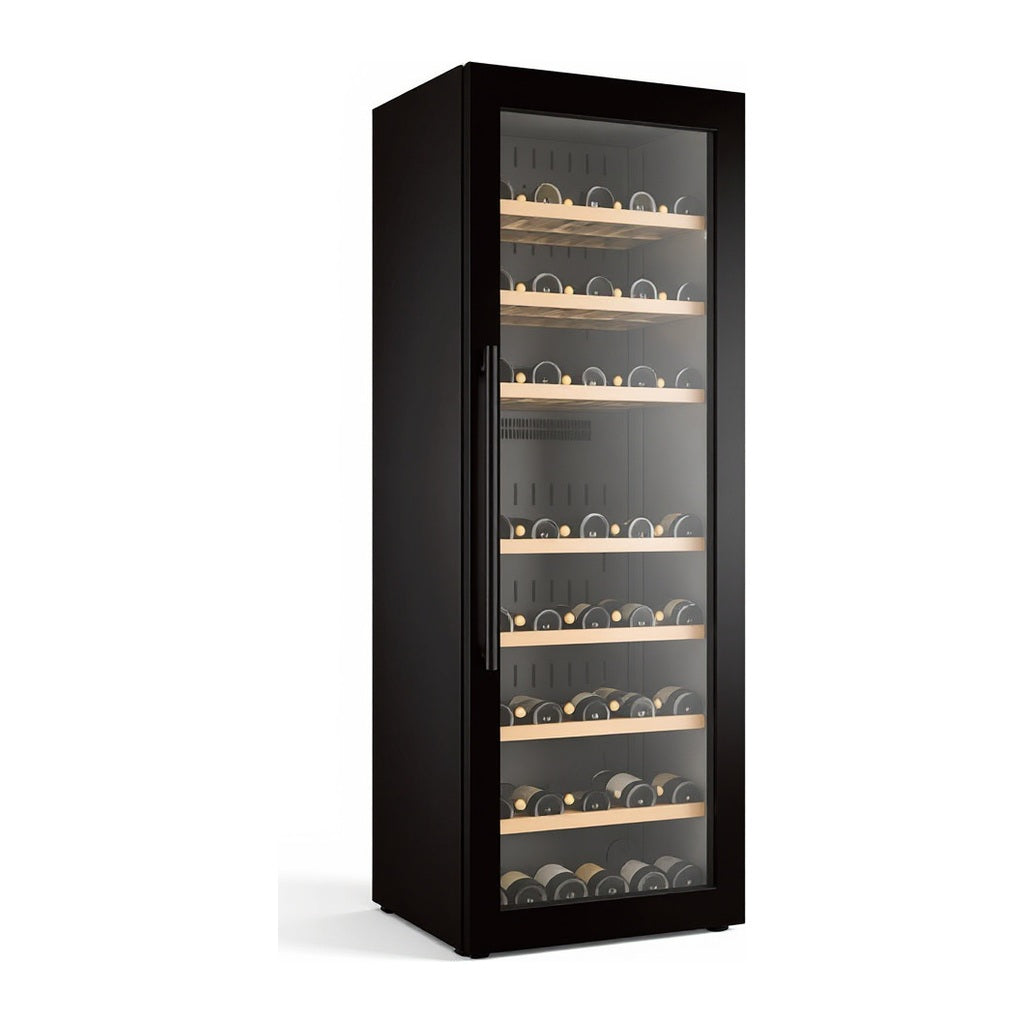 Prestige 216 wine cellar — 216 bottles — three-quarter view showing the cabinet depth and side panel