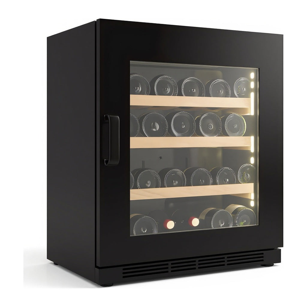 Compact 29 23-inch wine cellar — 29 bottles — three-quarter view showing the cabinet depth and side panel