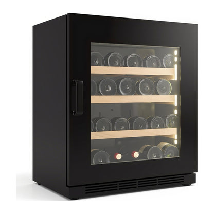 Compact 29 23-inch wine cellar — 29 bottles — three-quarter view showing the cabinet depth and side panel