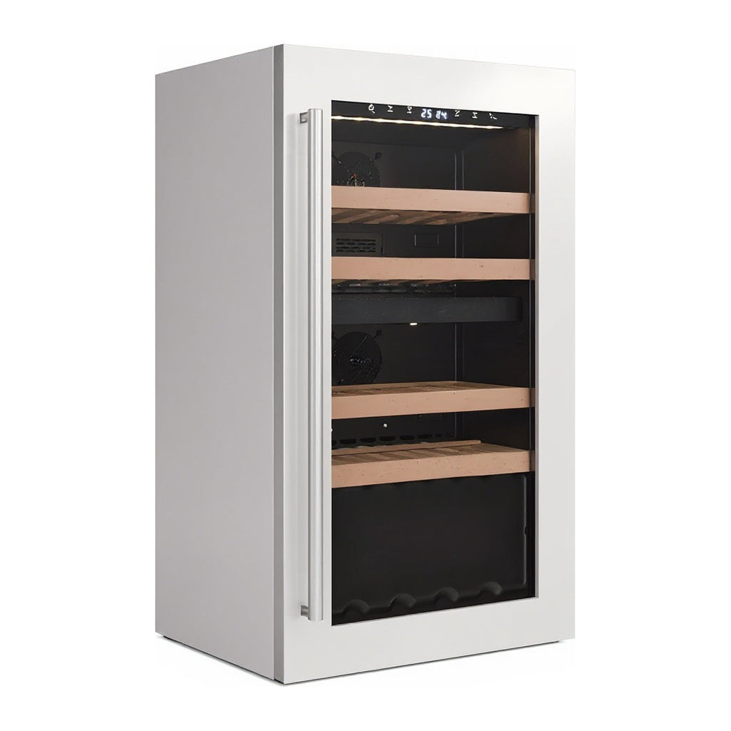 Compact 42 wine cellar — 42 bottles — three-quarter view showing the cabinet depth and side panel