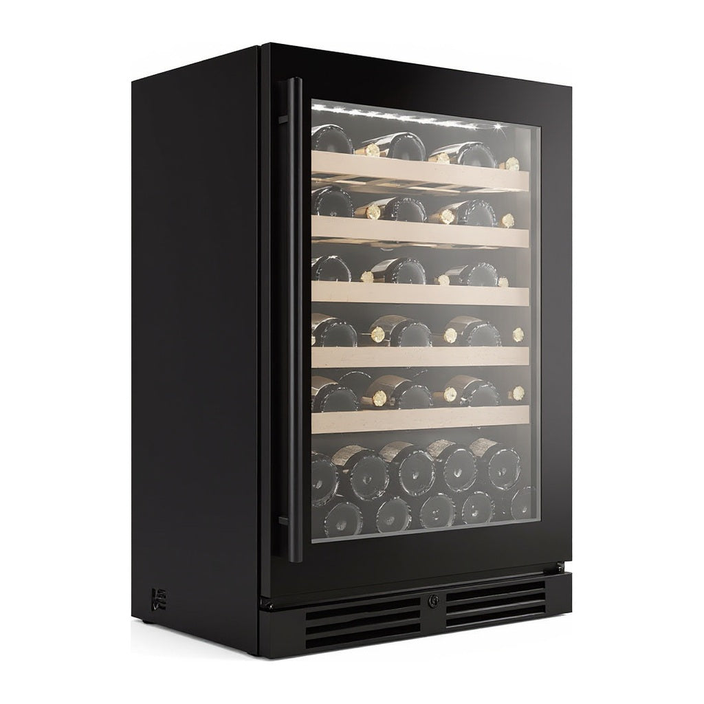 Compact 46 wine cellar — 46 bottles — three-quarter view showing the cabinet depth and side panel