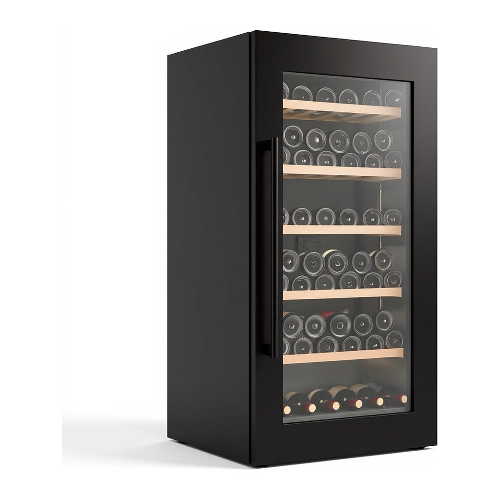 Connoisseur 71 wine cellar — 71 bottles — three-quarter view showing the cabinet depth and side panel