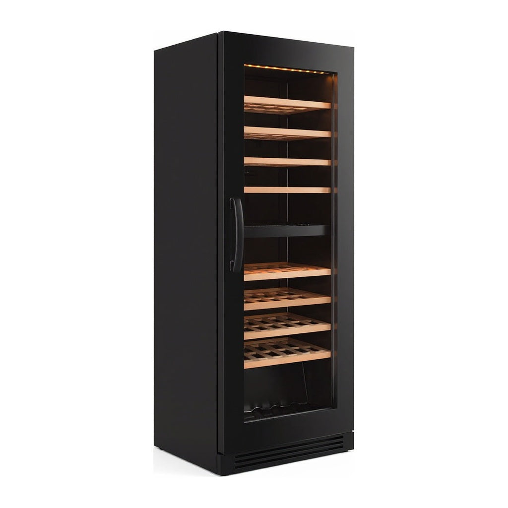 Connoisseur 77 wine cellar — 77 bottles — three-quarter view showing the cabinet depth and side panel