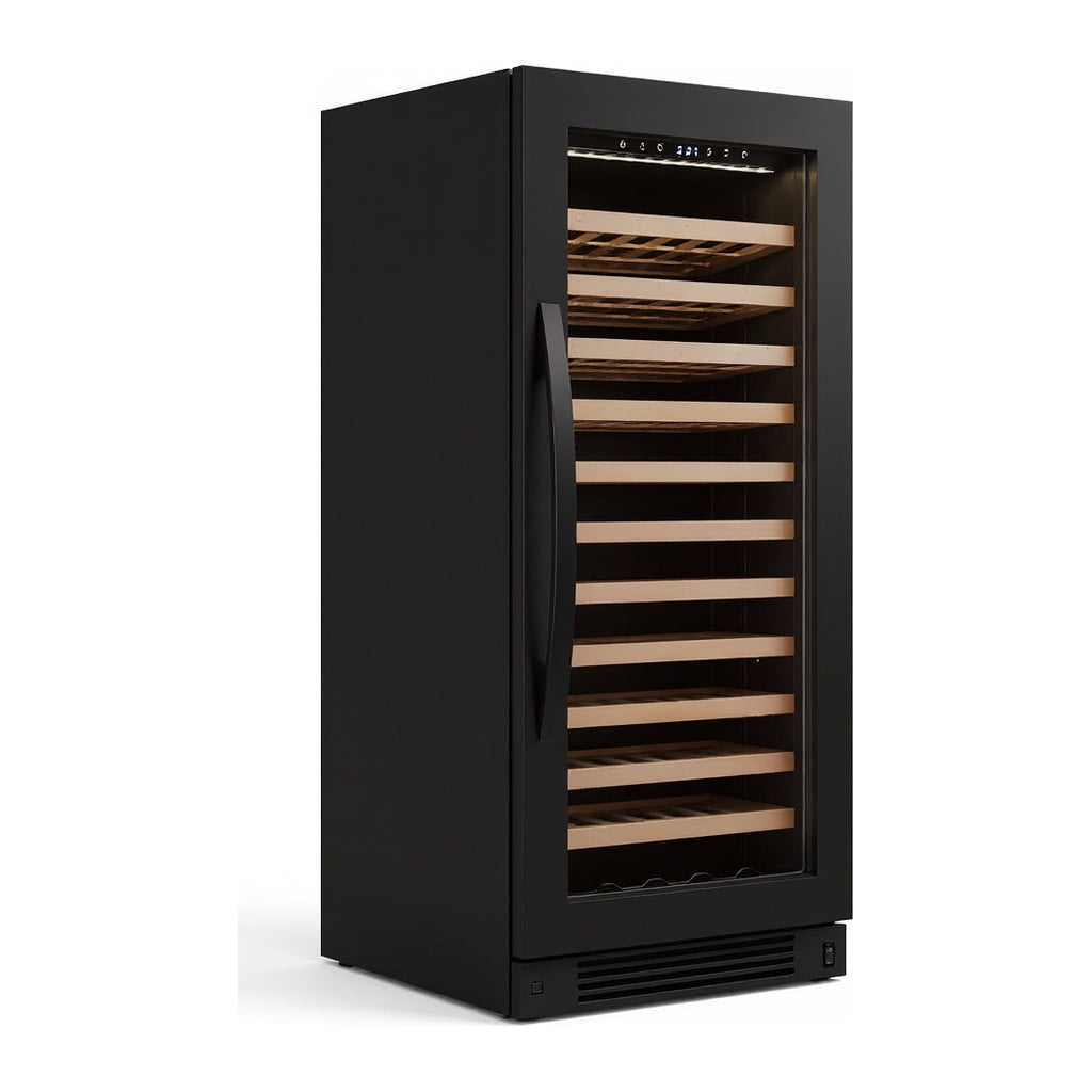 Connoisseur 85 wine cellar — 85 bottles — three-quarter view showing the cabinet depth and side panel