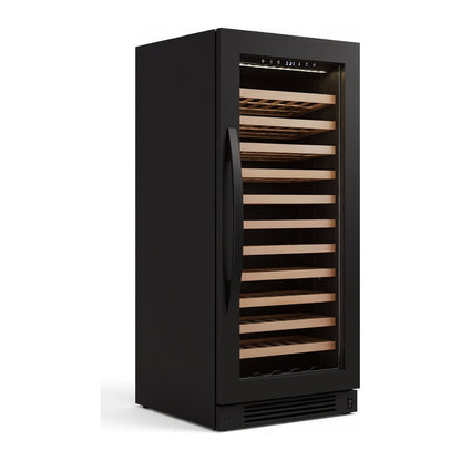 Connoisseur 85 wine cellar — 85 bottles — three-quarter view showing the cabinet depth and side panel
