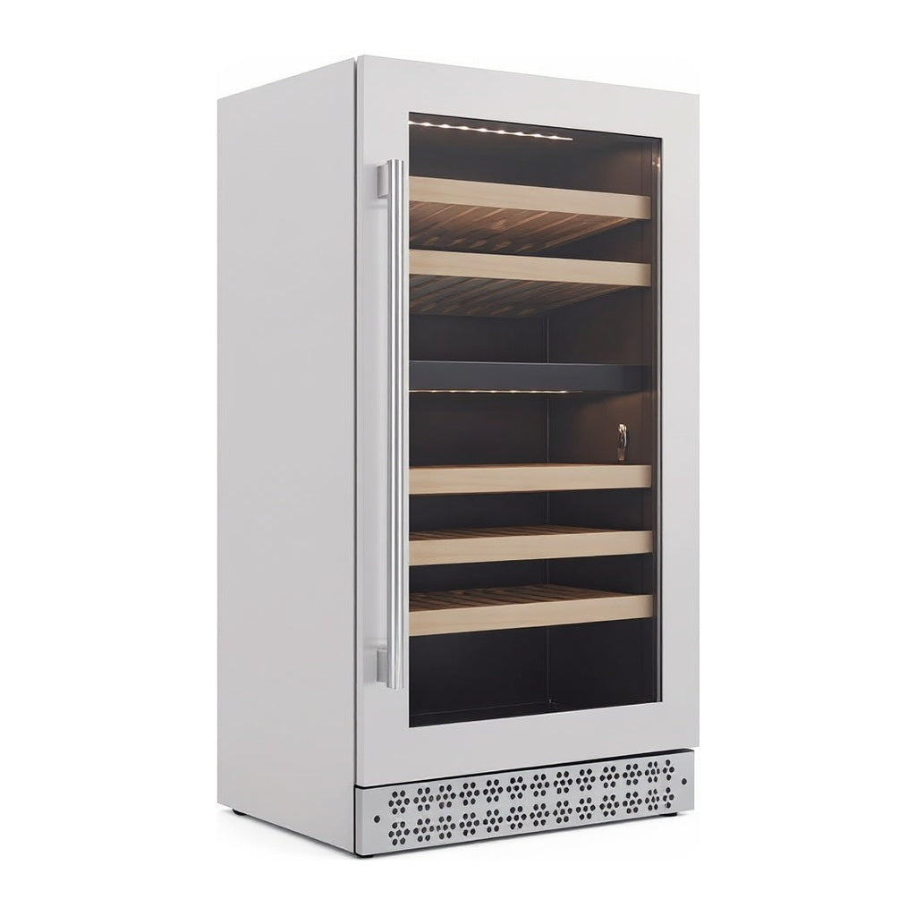 Connoisseur 78 Dual wine cellar — 78 bottles — three-quarter view showing the cabinet depth and side panel