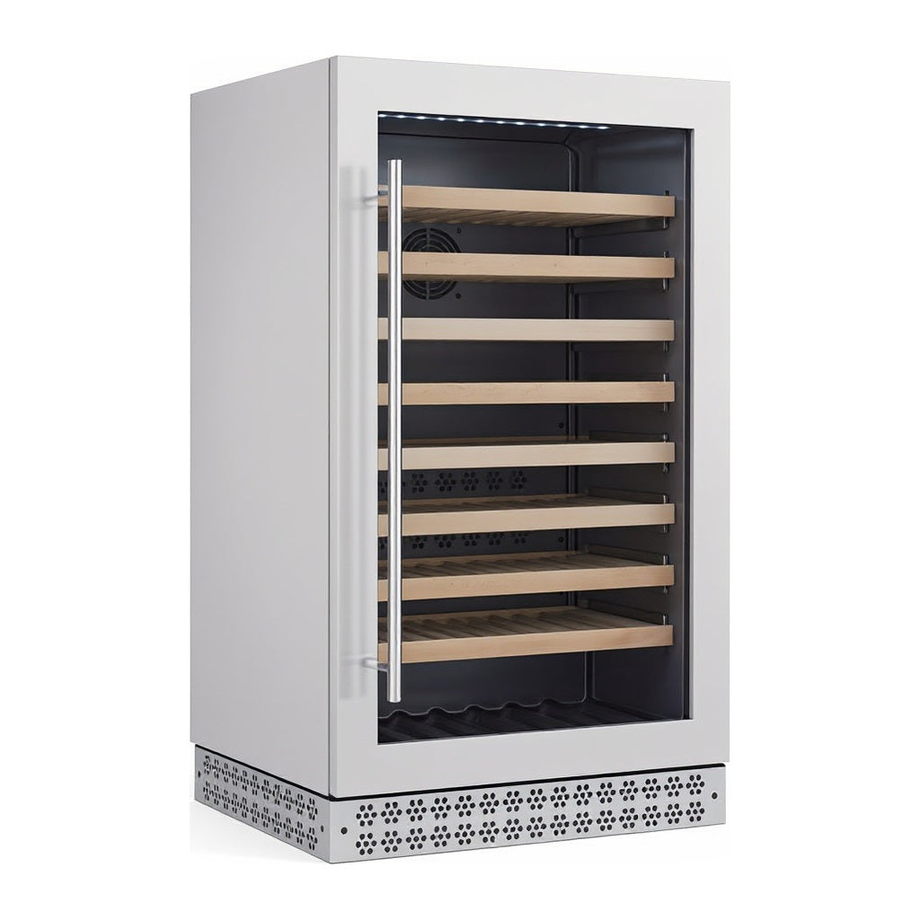 Connoisseur 89 wine cellar — 89 bottles — three-quarter view showing the cabinet depth and side panel